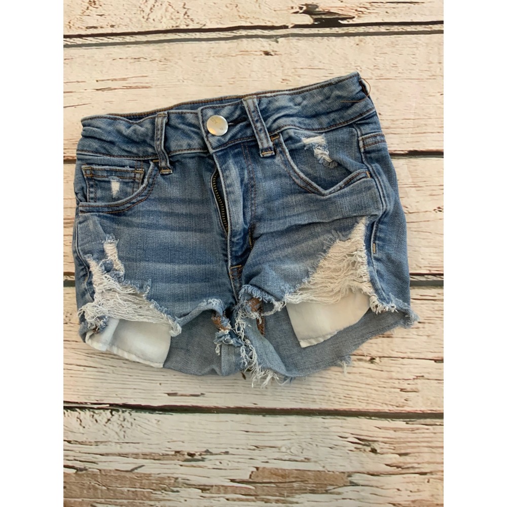 American Eagle Hi-Rise Shortie Distressed Denim‎ Shorts Medium Wash Blue Size 00